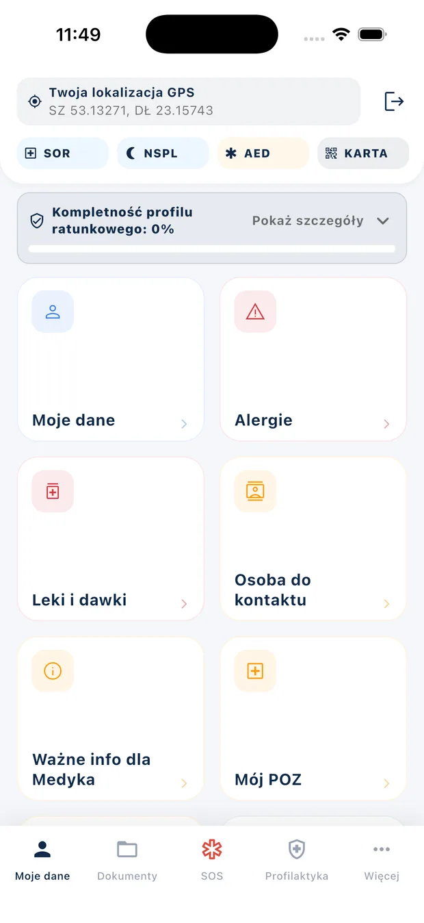 Ekran główny aplikacji InfoRatunek