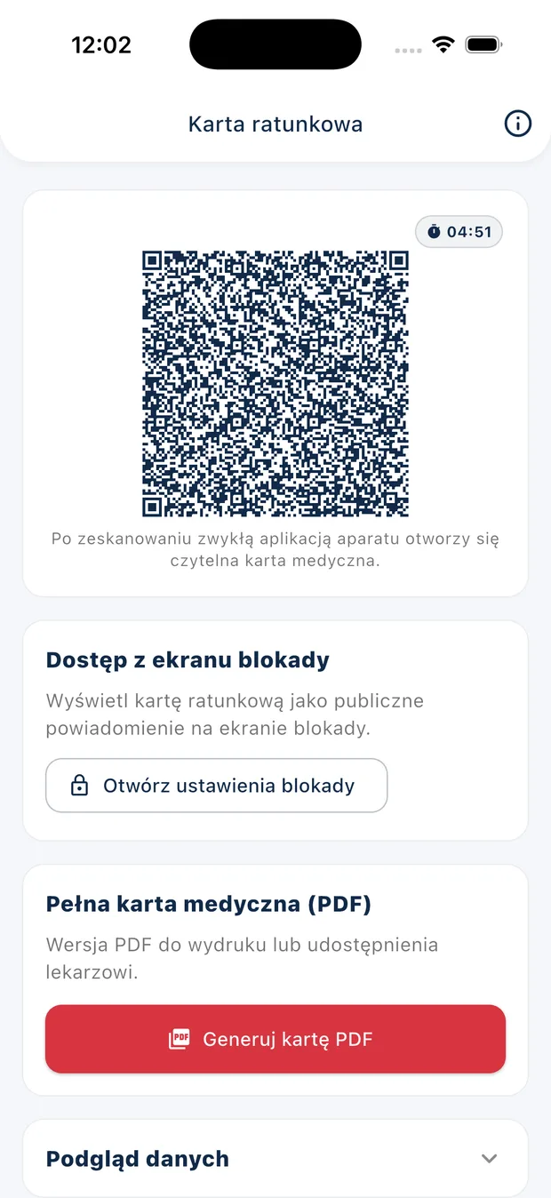 Karta ratunkowa z kodem QR, dostępem z ekranu blokady i eksportem do PDF.
