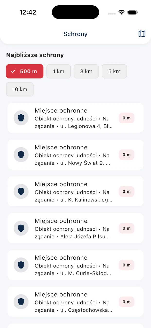 Mapa i lista najbliższych schronów oraz miejsc ochrony ludności z odległością.