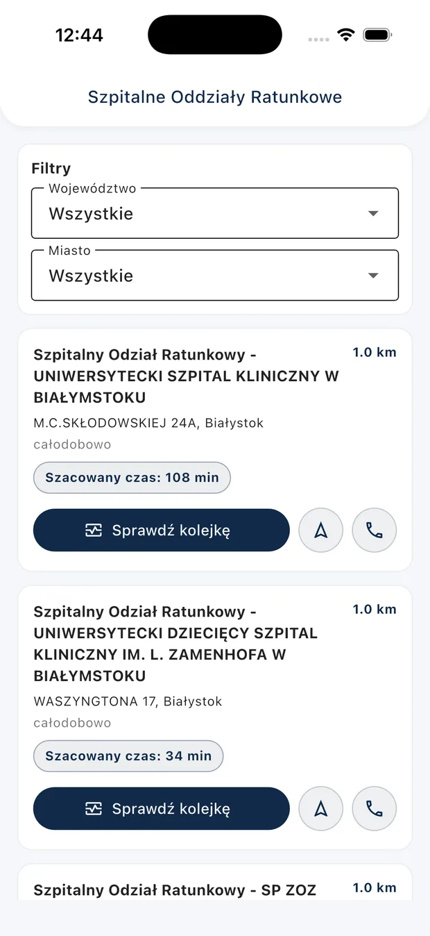 Lista Szpitalnych Oddziałów Ratunkowych z szacowanym czasem oczekiwania i podglądem kolejki.